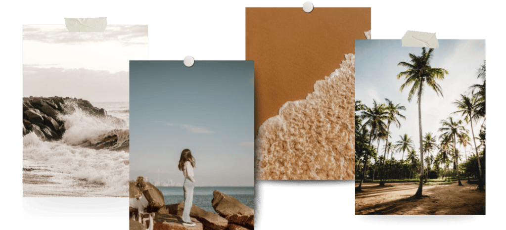 A collage of three photos featuring a shoreline with waves crashing, a person looking at the sea, and a tropical beach with palm trees.