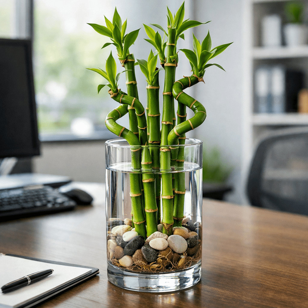 Lucky bamboo plant with curved stalks in a glass vase with water and stones on an office desk