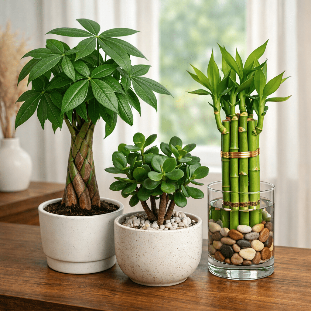 Three indoor plants in white pots and glass vase on wooden table by window