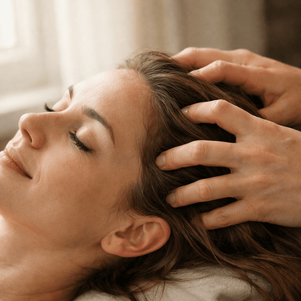 Woman with eyes closed receiving a relaxing scalp massage